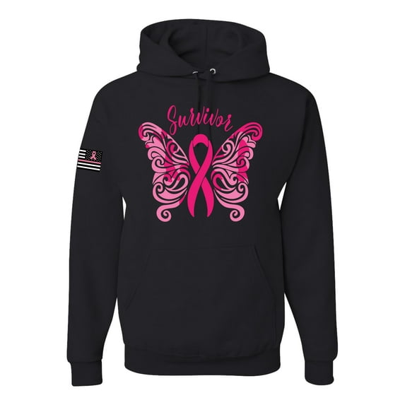 Wild Bobby, Survivor Breast Cancer Butterfly USA Flag Sleeve Breast Cancer Awareness Unisex Hoodie Sweatshirt, Black, Small