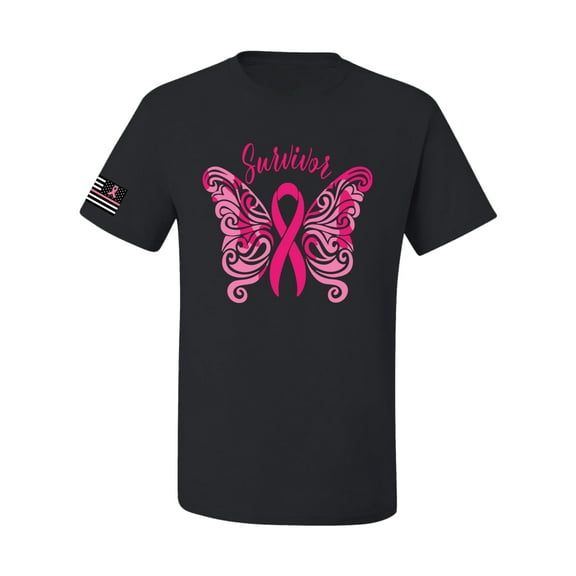 Wild Bobby, Survivor Breast Cancer Butterfly USA Flag Sleeve Breast Cancer Awareness Unisex Tee, Black, XX-Large