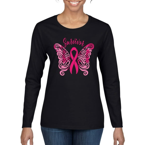 Wild Bobby Survivor Breast Cancer Butterfly USA Flag Sleeve Breast Cancer Awareness Women Graphic Long Sleeve T-Shirt, Black, Small