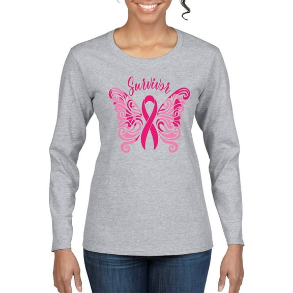 Wild Bobby Survivor Breast Cancer Butterfly USA Flag Sleeve Breast Cancer Awareness Women Graphic Long Sleeve T-Shirt, Heather Grey, Large