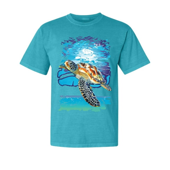 Wild Bobby, Swimming Sea Turtle, Garment-Dyed Washed Look Short Sleeve Tees, Blue Lagoon, Small