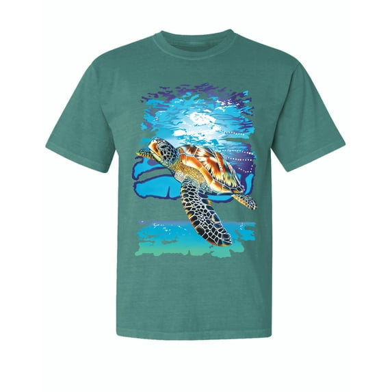 Wild Bobby, Swimming Sea Turtle, Garment-Dyed Washed Look Short Sleeve Tees, Emerald, Medium