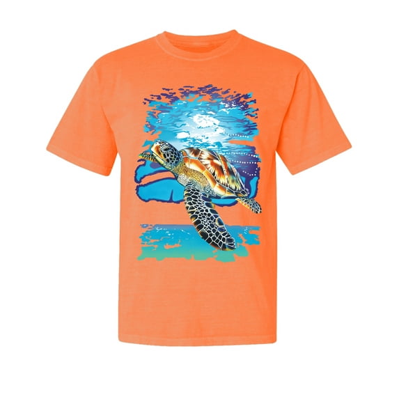 Wild Bobby, Swimming Sea Turtle, Garment-Dyed Washed Look Short Sleeve Tees, Neon Orange, Small