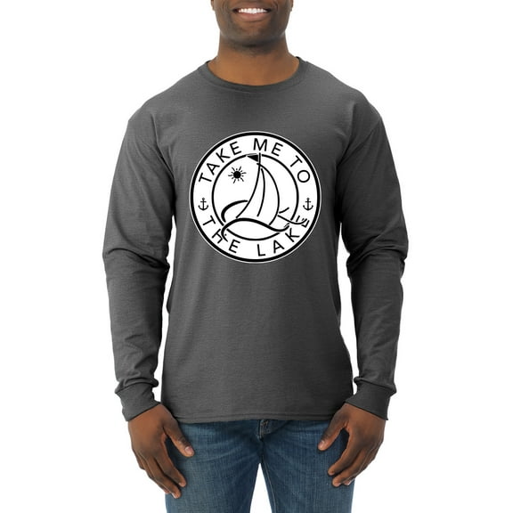 Wild Bobby, Take Me To The Lake, Men Long Sleeve Shirt, Heather Black, Medium