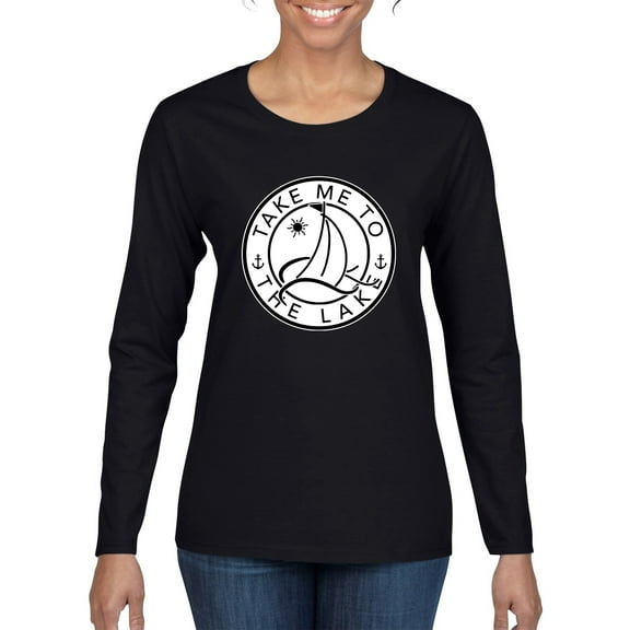 Wild Bobby, Take Me To The Lake, Women Graphic Long Sleeve Tee, Black, Small