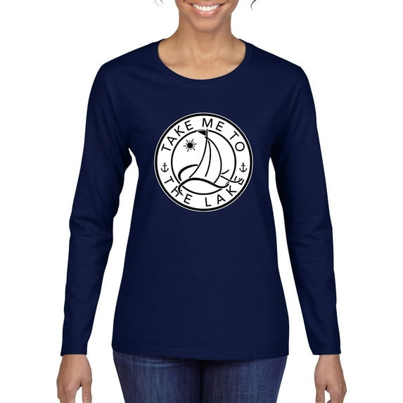 Wild Bobby, Take Me To The Lake, Women Graphic Long Sleeve Tee, Navy, Large