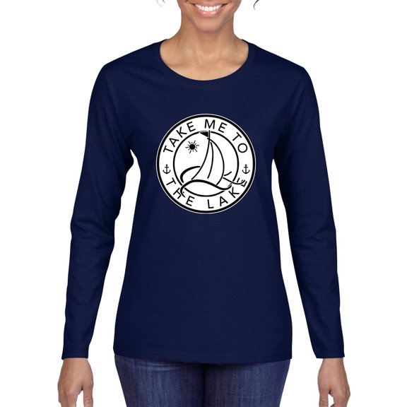 Wild Bobby, Take Me To The Lake, Women Graphic Long Sleeve Tee, Navy, Large