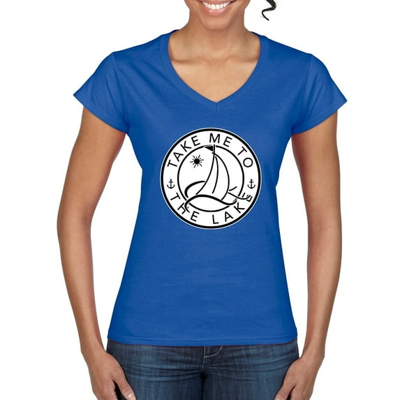 Wild Bobby, Take Me To The Lake, Women Standard V-Neck Tee, Royal, Small