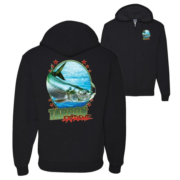 Wild Bobby,Tarpon Extreme Fishing Front and Back Graphic Zip Up Hoodie Sweatshirt, Black, Small