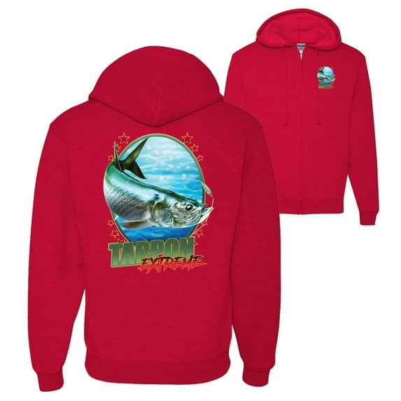 Wild Bobby,Tarpon Extreme Fishing Front and Back Graphic Zip Up Hoodie Sweatshirt, Red, Medium