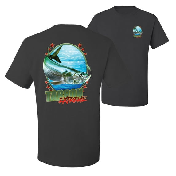 Wild Bobby,Tarpon Extreme Fishing Front and Back Men's Graphic T-Shirt, Charcoal, Medium