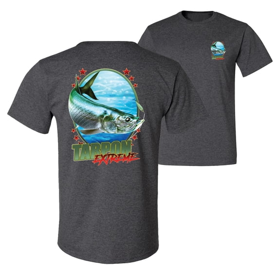 Wild Bobby,Tarpon Extreme Fishing Front and Back Men's Graphic T-Shirt, Heather Black, X-Large