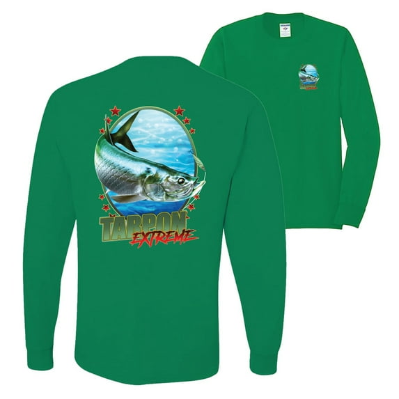 Wild Bobby,Tarpon Extreme Fishing Front and Back Mens Long Sleeve Shirt, Kelly, Small