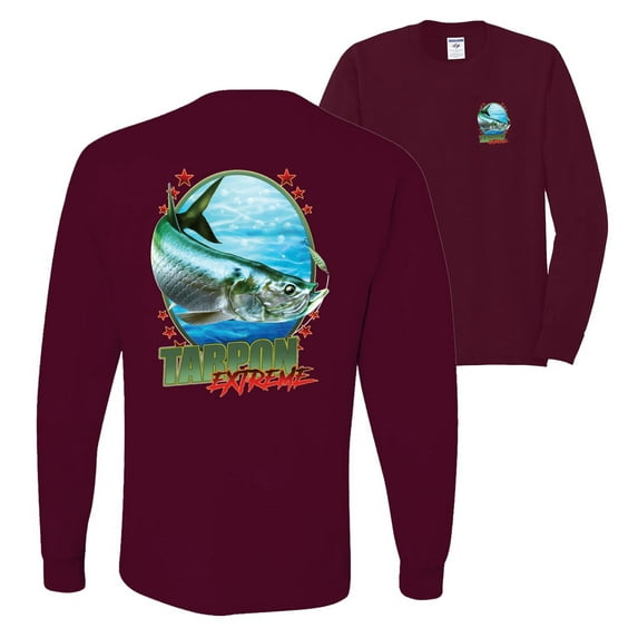 Wild Bobby,Tarpon Extreme Fishing Front and Back Mens Long Sleeve Shirt, Maroon, 2XL