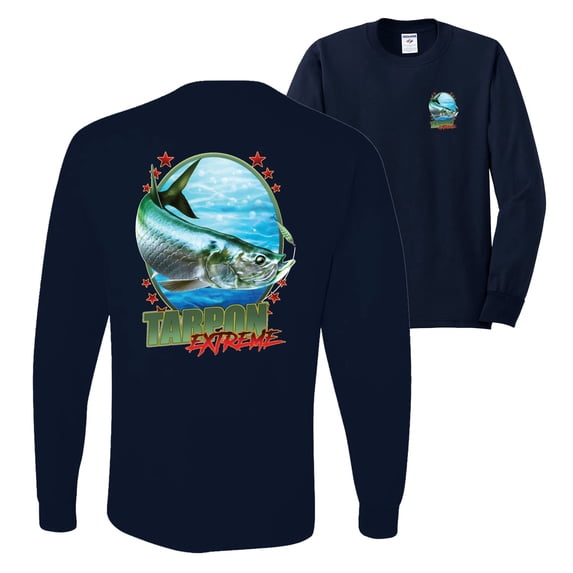 Wild Bobby,Tarpon Extreme Fishing Front and Back Mens Long Sleeve Shirt, Navy, Small