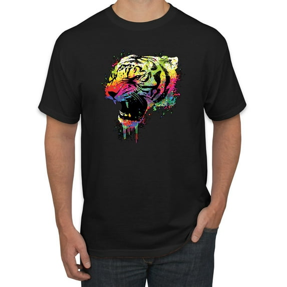 Wild Bobby, Technicolor Colorful Tiger Roaring, Animal Lover, Men Graphic Tees, Black, Small