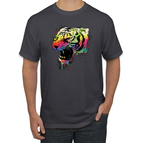 Wild Bobby, Technicolor Colorful Tiger Roaring, Animal Lover, Men Graphic Tees, Charcoal, 2XL