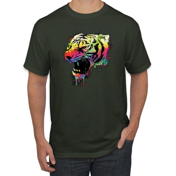 Wild Bobby, Technicolor Colorful Tiger Roaring, Animal Lover, Men Graphic Tees, Forest Green, 3XL