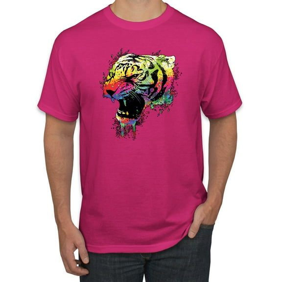 Wild Bobby, Technicolor Colorful Tiger Roaring, Animal Lover, Men Graphic Tees, Fuschia, X-Large