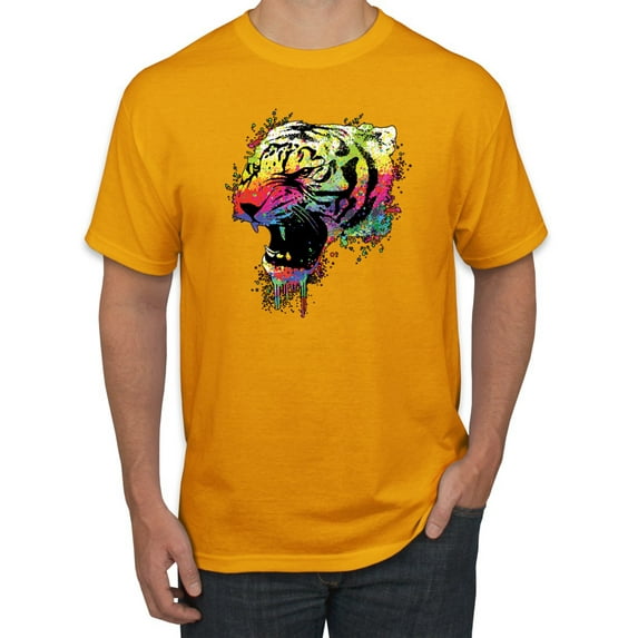 Wild Bobby, Technicolor Colorful Tiger Roaring, Animal Lover, Men Graphic Tees, Gold, Small