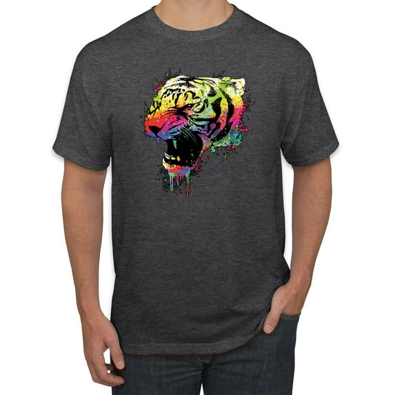 Wild Bobby, Technicolor Colorful Tiger Roaring, Animal Lover, Men Graphic Tees, Heather Black, Medium