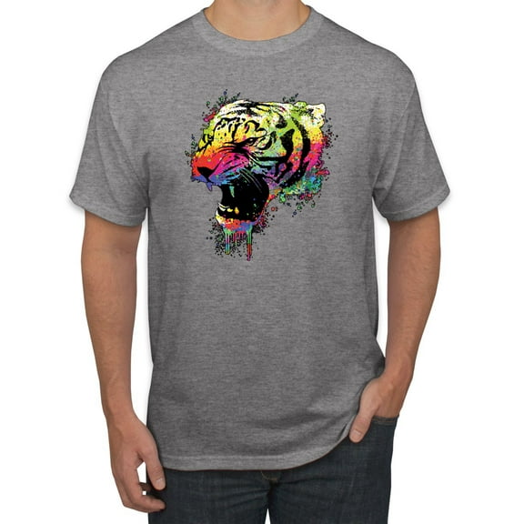 Wild Bobby, Technicolor Colorful Tiger Roaring, Animal Lover, Men Graphic Tees, Heather Grey, Large