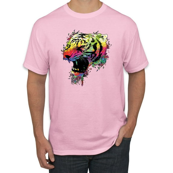 Wild Bobby, Technicolor Colorful Tiger Roaring, Animal Lover, Men Graphic Tees, Light Pink, Large