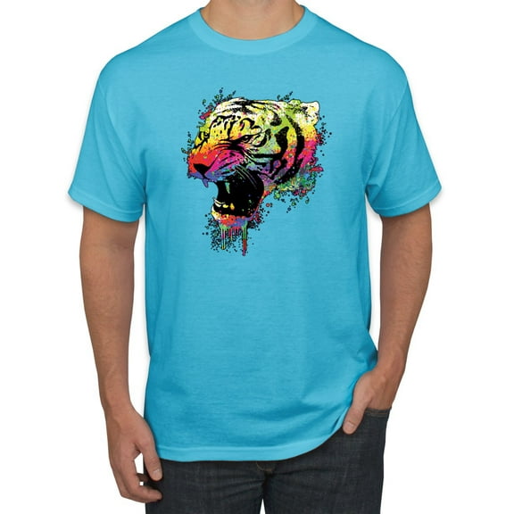 Wild Bobby, Technicolor Colorful Tiger Roaring, Animal Lover, Men Graphic Tees, Light Turquoise, Large