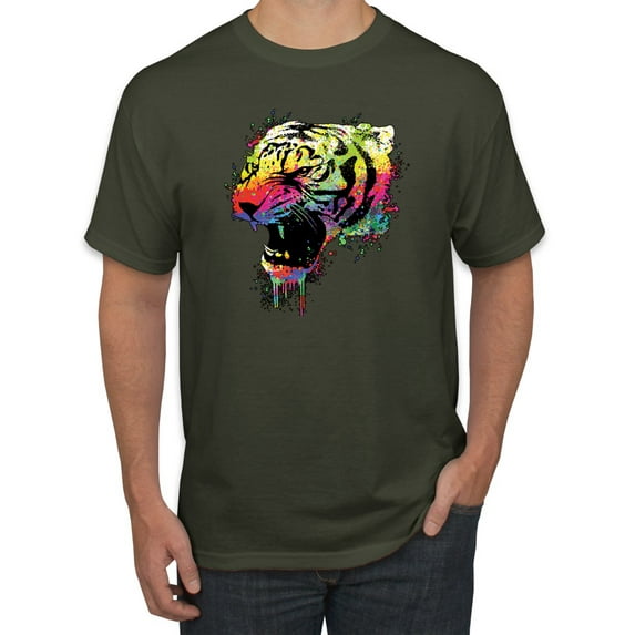 Wild Bobby, Technicolor Colorful Tiger Roaring, Animal Lover, Men Graphic Tees, Military Green, X-Large