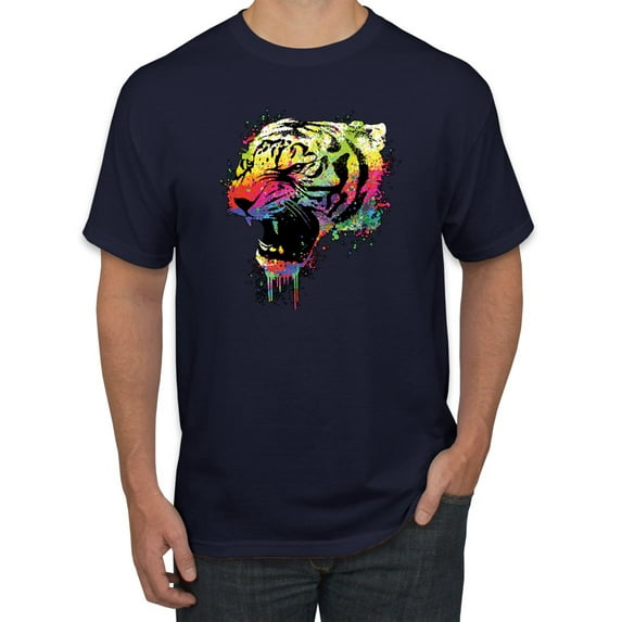 Wild Bobby, Technicolor Colorful Tiger Roaring, Animal Lover, Men Graphic Tees, Navy, Small