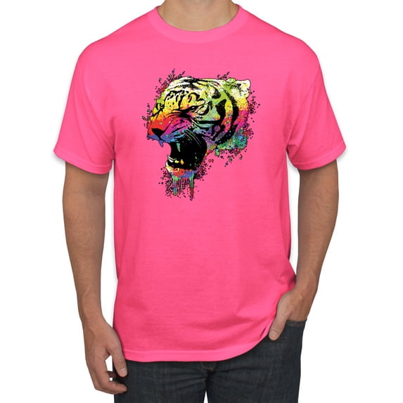 Wild Bobby, Technicolor Colorful Tiger Roaring, Animal Lover, Men Graphic Tees, Neon Pink, X-Large