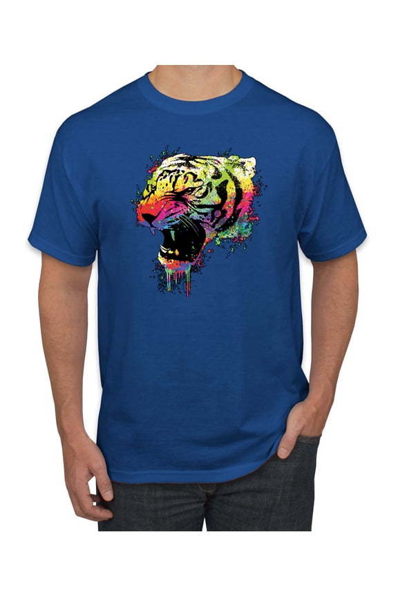 , Technicolor Colorful Tiger Roaring, Animal Lover, Men Graphic Tees, Royal, Medium