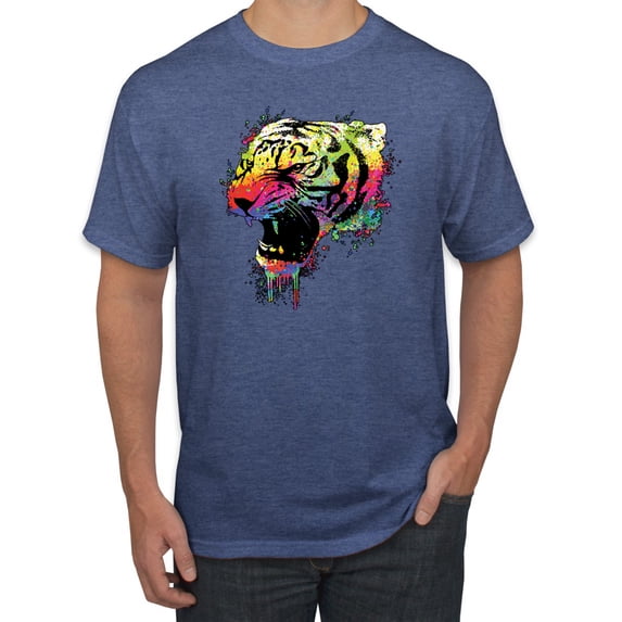 Wild Bobby, Technicolor Colorful Tiger Roaring, Animal Lover, Men Graphic Tees, Vintage Heather Blue, 5XL
