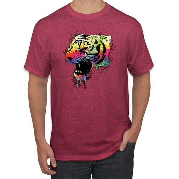 Wild Bobby, Technicolor Colorful Tiger Roaring, Animal Lover, Men Graphic Tees, Vintage Heather Red, Large