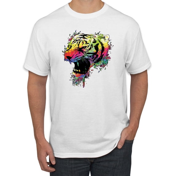 Wild Bobby, Technicolor Colorful Tiger Roaring, Animal Lover, Men Graphic Tees, White, Medium