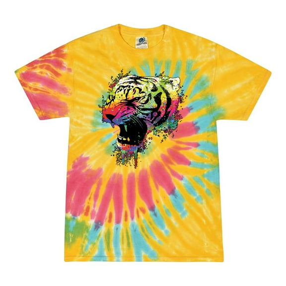 Wild Bobby, Technicolor Colorful Tiger Roaring, Animal Lover, Tie-Dye Tees, Aurora, X-Large