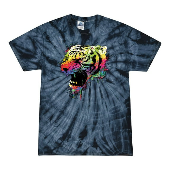 Wild Bobby, Technicolor Colorful Tiger Roaring, Animal Lover, Tie-Dye Tees, Spiral Navy, Large