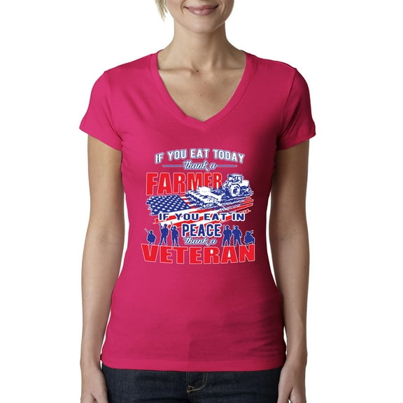 Wild Bobby, Thank a Farmer Thank a Veteran Eat In Peace Female Junior Fit V-Neck Tee, Raspberry, Large