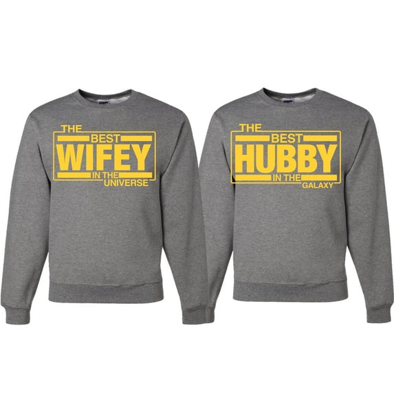Wild Bobby, The Best Hubby in the Galaxy The Best Wifey in the Universe, Matching Couples Crewneck Sweater, Heather Grey, Mens 2XL-Womens 2XL