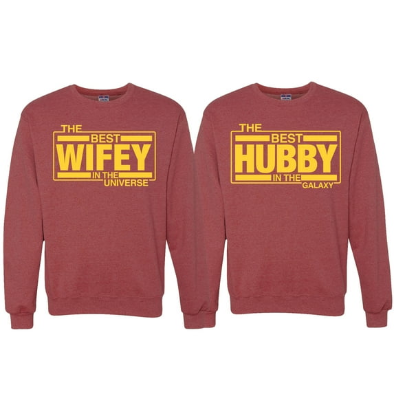 Wild Bobby, The Best Hubby in the Galaxy The Best Wifey in the Universe, Matching Couples Crewneck Sweater, Vintage Heather Red, Mens 2XL-Womens L