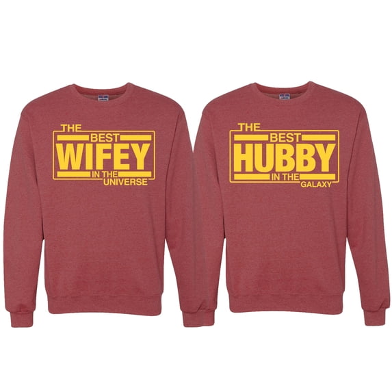 Wild Bobby, The Best Hubby in the Galaxy The Best Wifey in the Universe, Matching Couples Crewneck Sweater, Vintage Heather Red, Mens L-Womens L