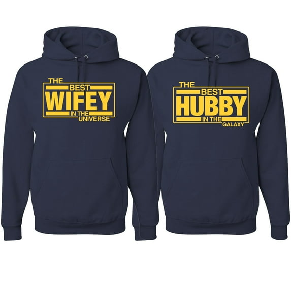 Wild Bobby, The Best Hubby in the Galaxy The Best Wifey in the Universe, Matching Couples Hoodie, Navy, Mens L-Womens XL