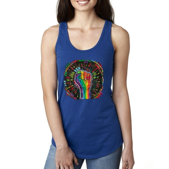 Wild Bobby The Power of Unity Colorful Fist Puff Print Fashion Ladies Racerback Tank Top, Royal, Medium