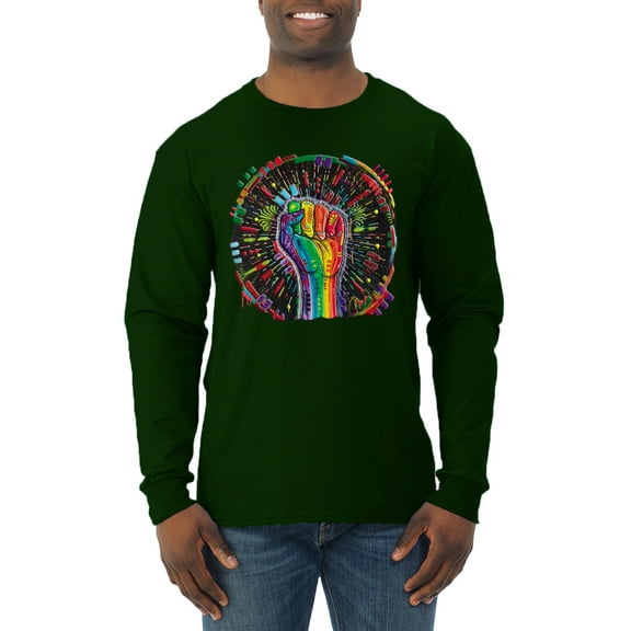 Wild Bobby The Power of Unity Colorful Fist Puff Print Fashion Mens Long Sleeve Shirt, Forest Green, X-Large