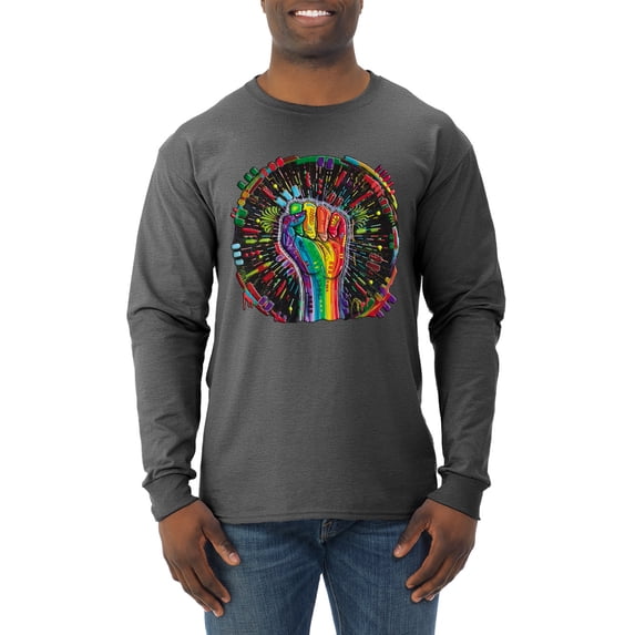 Wild Bobby The Power of Unity Colorful Fist Puff Print Fashion Mens Long Sleeve Shirt, Heather Black, Medium