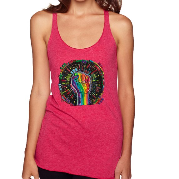 Wild Bobby The Power of Unity Colorful Fist Puff Print Fashion Tri-Blend Racerback Tank Top, Shocking Pink, Small