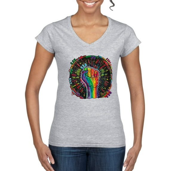 Wild Bobby The Power of Unity Colorful Fist Puff Print Fashion Women’s Standard V-Neck Tee, Heather Grey, Large