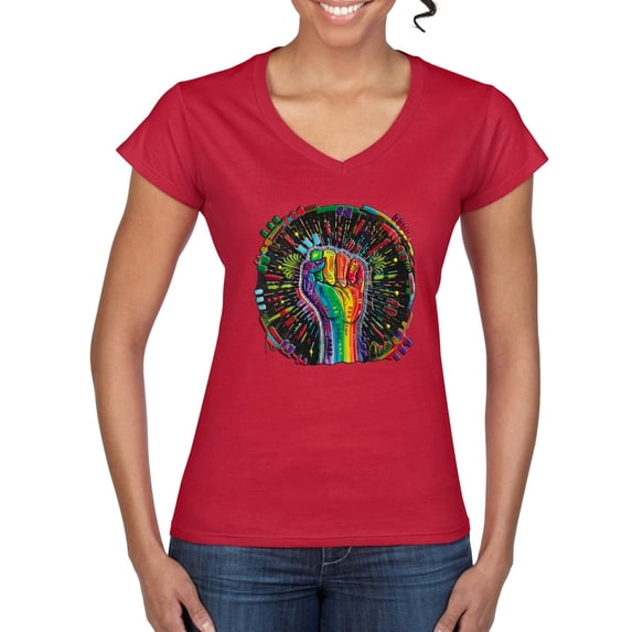 Wild Bobby The Power of Unity Colorful Fist Puff Print Fashion Women’s Standard V-Neck Tee, Red, XX-Large