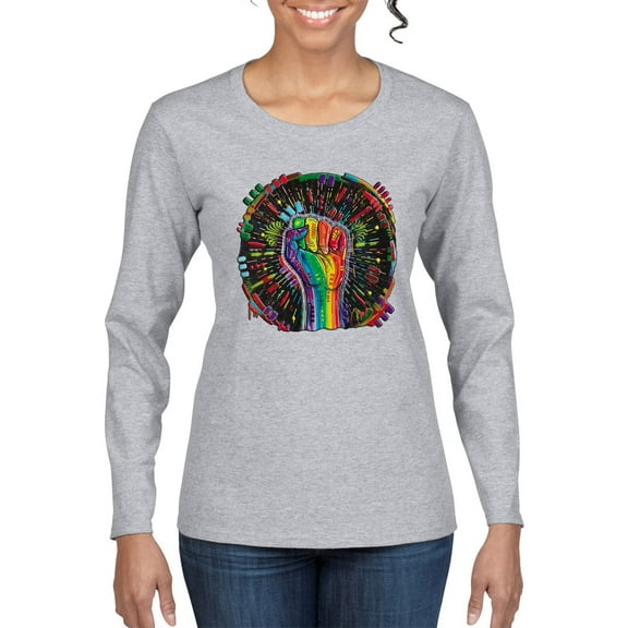 Wild Bobby The Power of Unity Colorful Fist Puff Print Fashion Womens Graphic Long Sleeve Tee, Heather Grey, Large