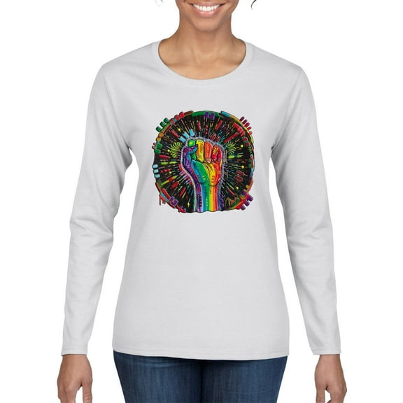 Wild Bobby The Power of Unity Colorful Fist Puff Print Fashion Womens Graphic Long Sleeve Tee, White, Medium